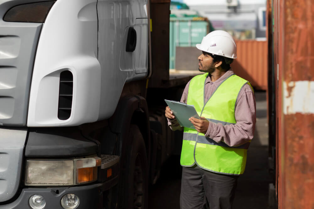 Marine professional inspecting cargo operations for commercial shipping services